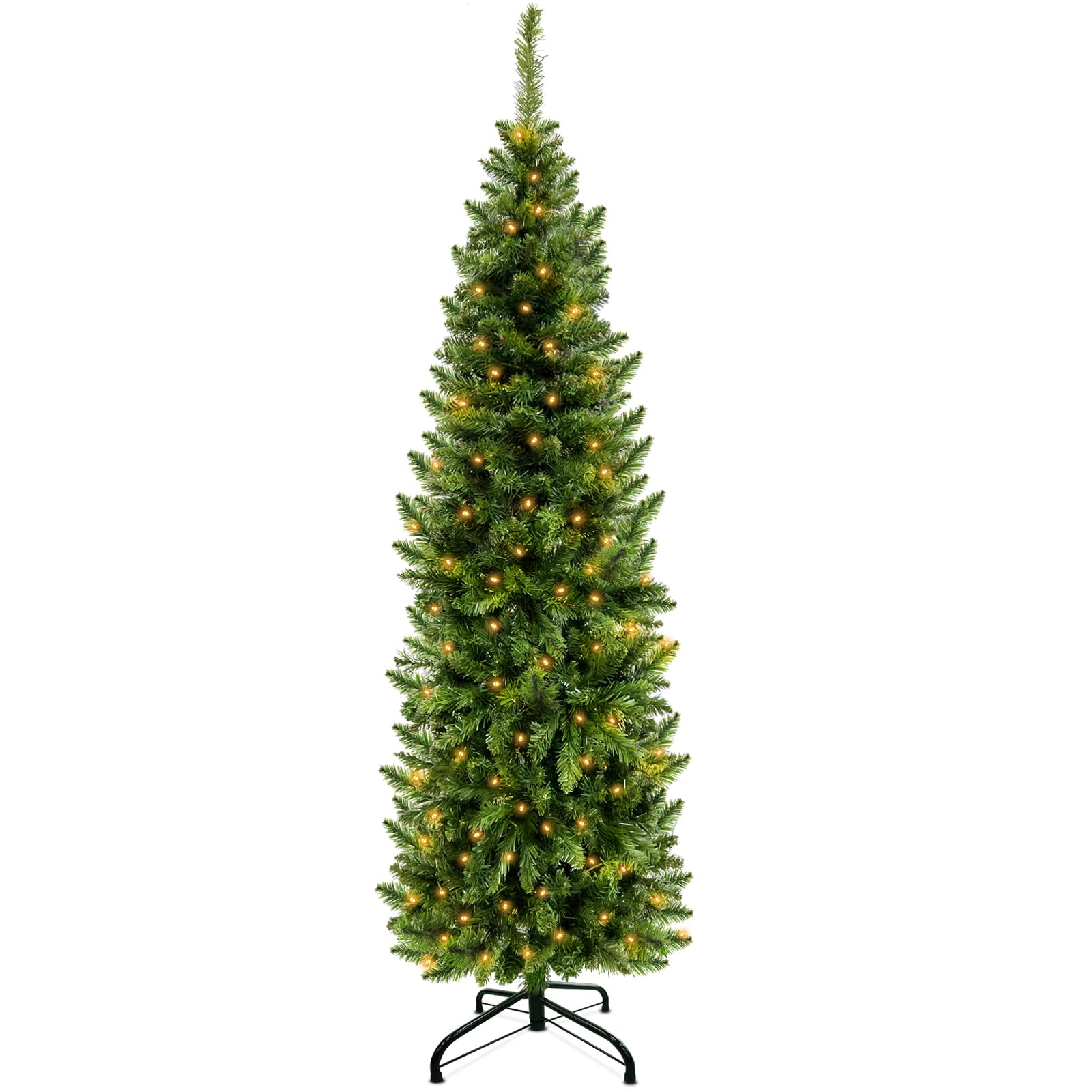 Photo 1 of  Ft Pencil Artificial Christmas Tree with 550 Branch Tips, Spruce Green,180 LED Warm White Lights, Include Metal Stand, UL Plug in, Slim Skinny Xmas Pencil Tree Decor for Holiday Home Indoor Outdoor