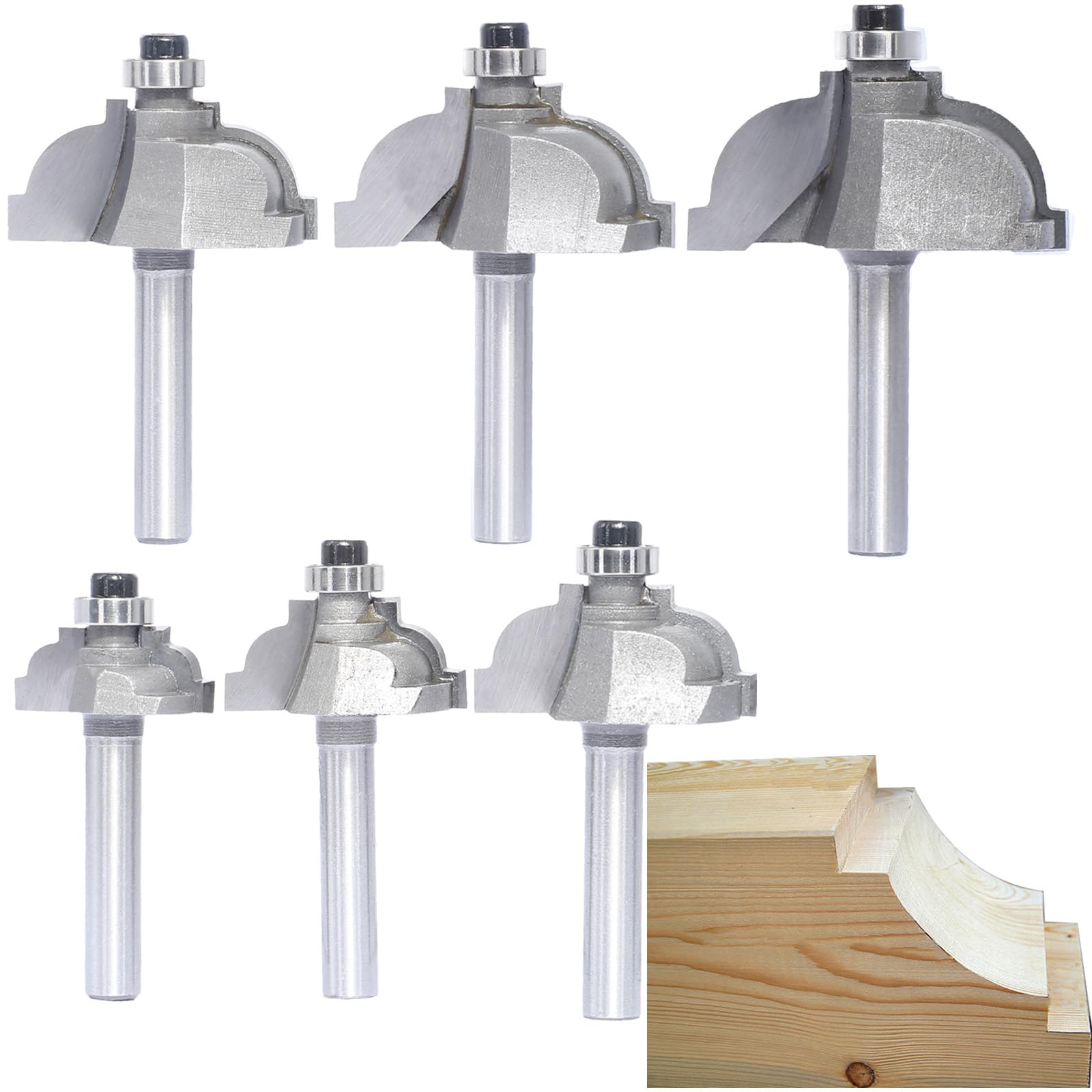 Photo 1 of Akylin 6pcs Classical Cove Router Bit Set,1/4" Shank Cove & Fillet Bits,Carbide Tipped Cutters for Wood Standard Cove Profiling,Molding,Edging
