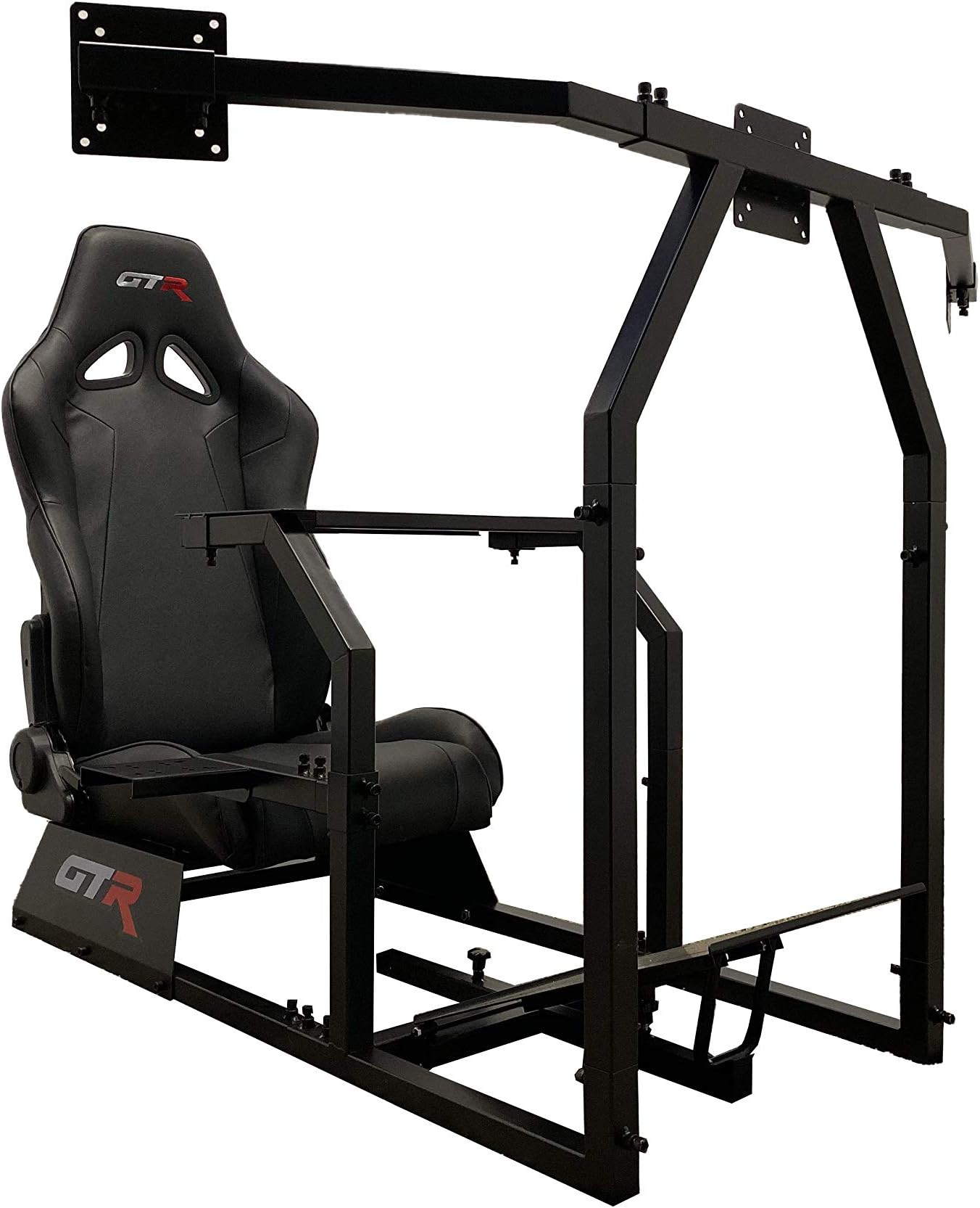 GTR Racing Simulator GTAF-BLK-S105LBK - GTA-F Model (Black) Triple or Single Monitor Stand with Black Adjustable Leatherette Seat, Racing Simulator Cockpit Gaming Chair Single Monitor Stand