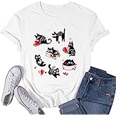VQD Women's Valentine's Day Shirt Cat Valentine Black Cat T-Shirts Love Heart Lover Girlfriend Tee Tops