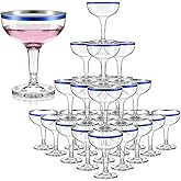 Zopeal 50 Pcs Plastic Champagne Glasses 5 oz Plastic Coupe Disposable Cocktail Cup for Wedding Party Birthday Anniversary Stackable Reusable Martini Glasses (Blue Rim,Clear)