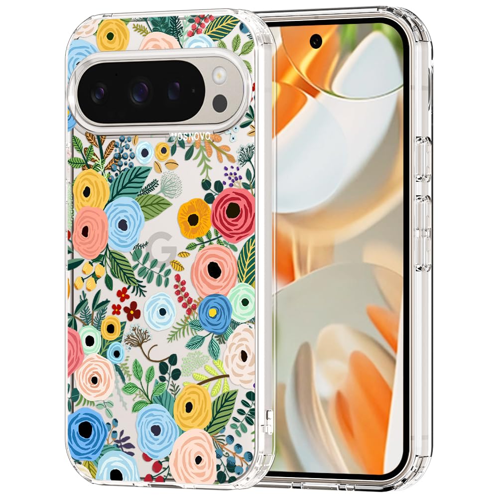 MOSNOVO Case for Google Pixel 9 Pro XL, [Buffertech 6.6ft Military-Grade Drop Protection] [Anti Peel Off Tech] Clear TPU Bumper Phone Case Cover Design - Pastel Floral Garden