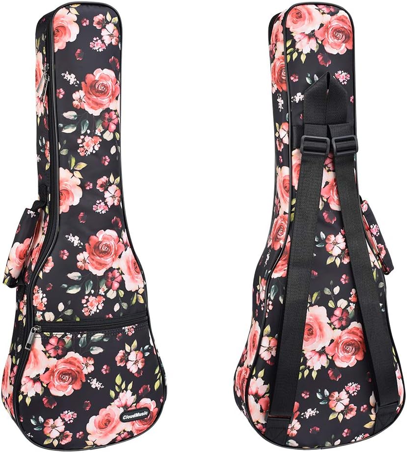 CLOUDMUSIC Ukulele Case For Soprano With Backpack Strap Pink Roses In Black