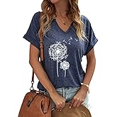 Women's Floral T-Shirts V-Neck Dandelion Sun Flower Graphic Casual Tee Boho Tops Cute Wildflowers Shirts
