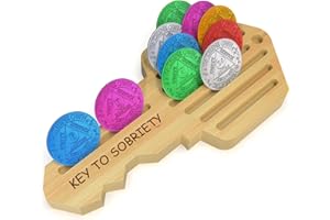 HOTCAN AA Coin Holder Key – AA Chip Holder & Sobriety Coin Display for 14 Chips – Inspirational Recovery Gifts for Milestones – Pine Wood Sobriety Medallion Display for Men and Women (Natural)
