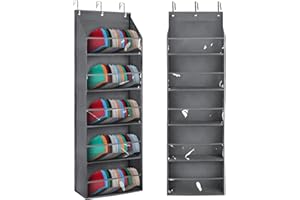 AROUY Hat Rack for Door-Hat Organizer for Baseball Caps-Baseball Hat Storage Organizer Clear Deep Pockets for Hanging in Closet or on Wall, 5 Tiers, Holds At Least 60 Hats, with 3 Hooks