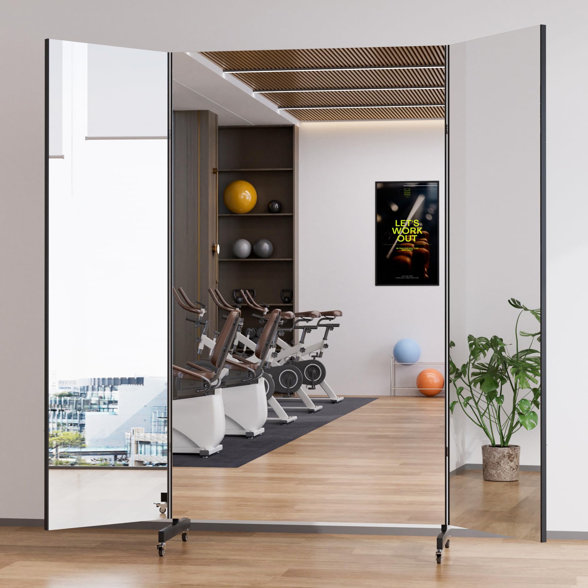 Photo 1 of brisafe Full Length Stand Up Mirror on Wheels,75''L×95''W,Large Tri-Fold Floor Mirror with Stand,Movable 3-Way Full Length Standing Mirror for Gym, Dance Studio, Fitness Room, and Home (Black)