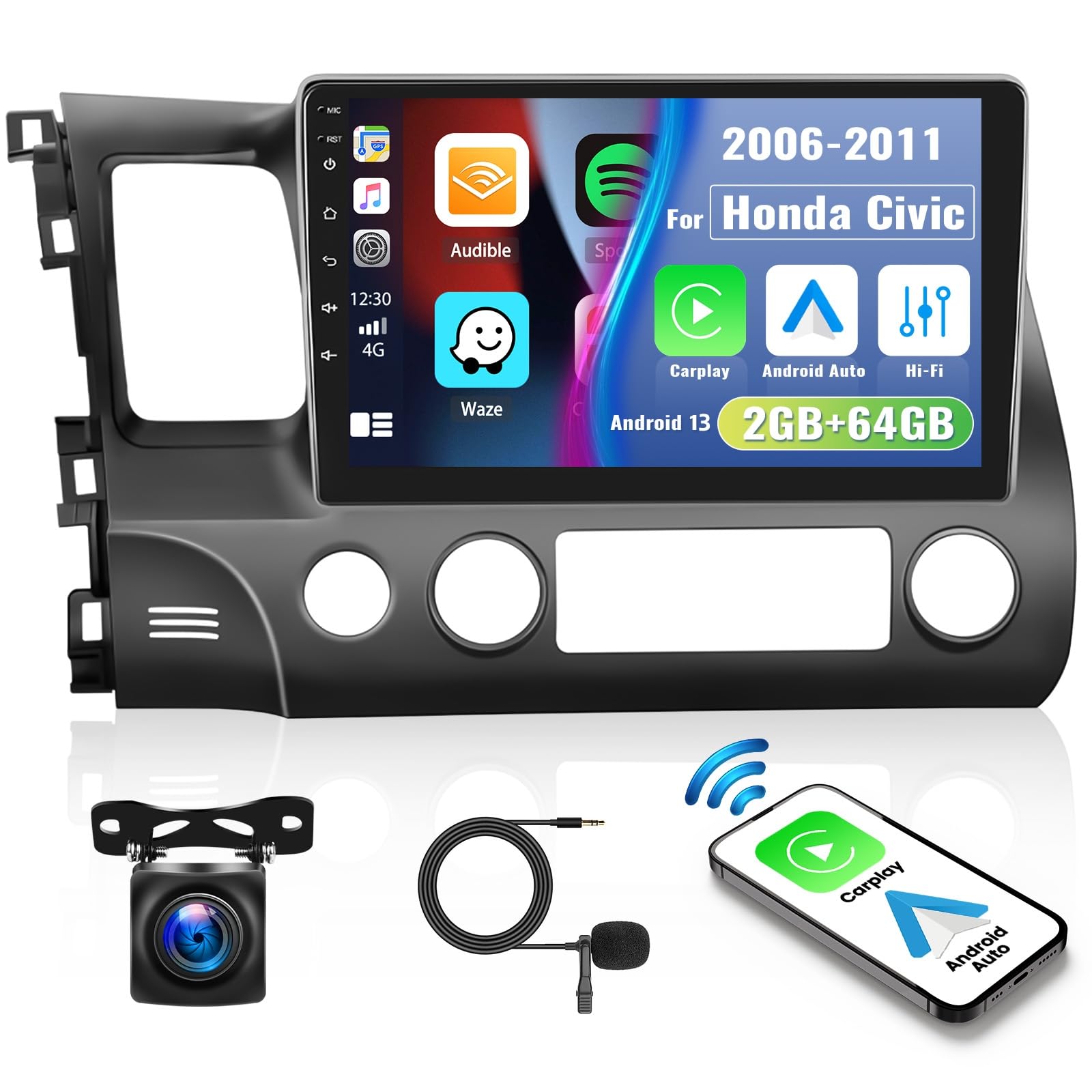 Photo 1 of 2+64G [Hi-Fi Audio] Android 13 Car Stereo for Honda Civic 2006-2011, 10.1" Touch Screen GPS Navigation, Wireless Apple Carplay Android Auto Bluetooth, FM, WiFi, USB+AHD Backup Camera Mic