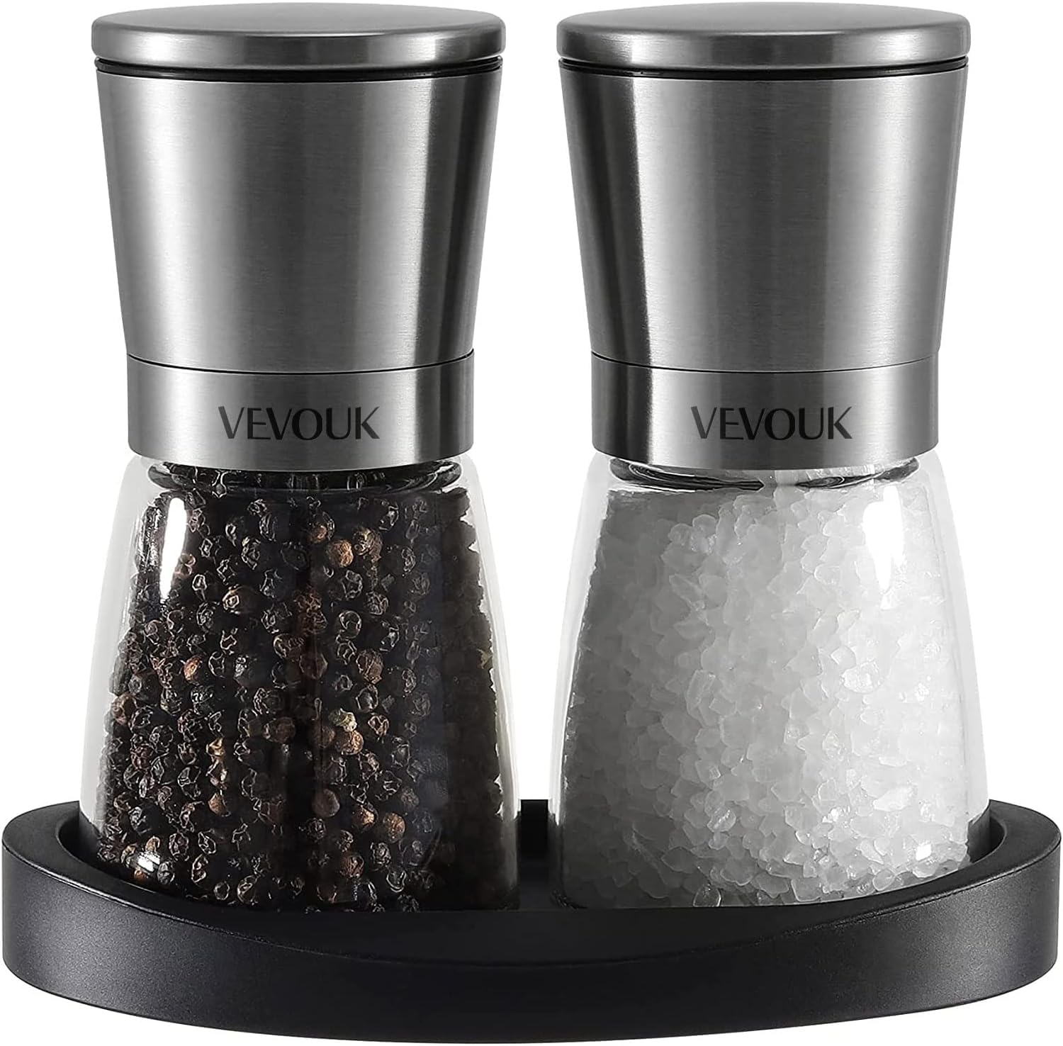 Vevok Chef Salt and Pepper Grinder Set - Adjustable Ceramic Coarseness Grinder - Easy to Fill &Use - Large Capacity with Rubber Stand