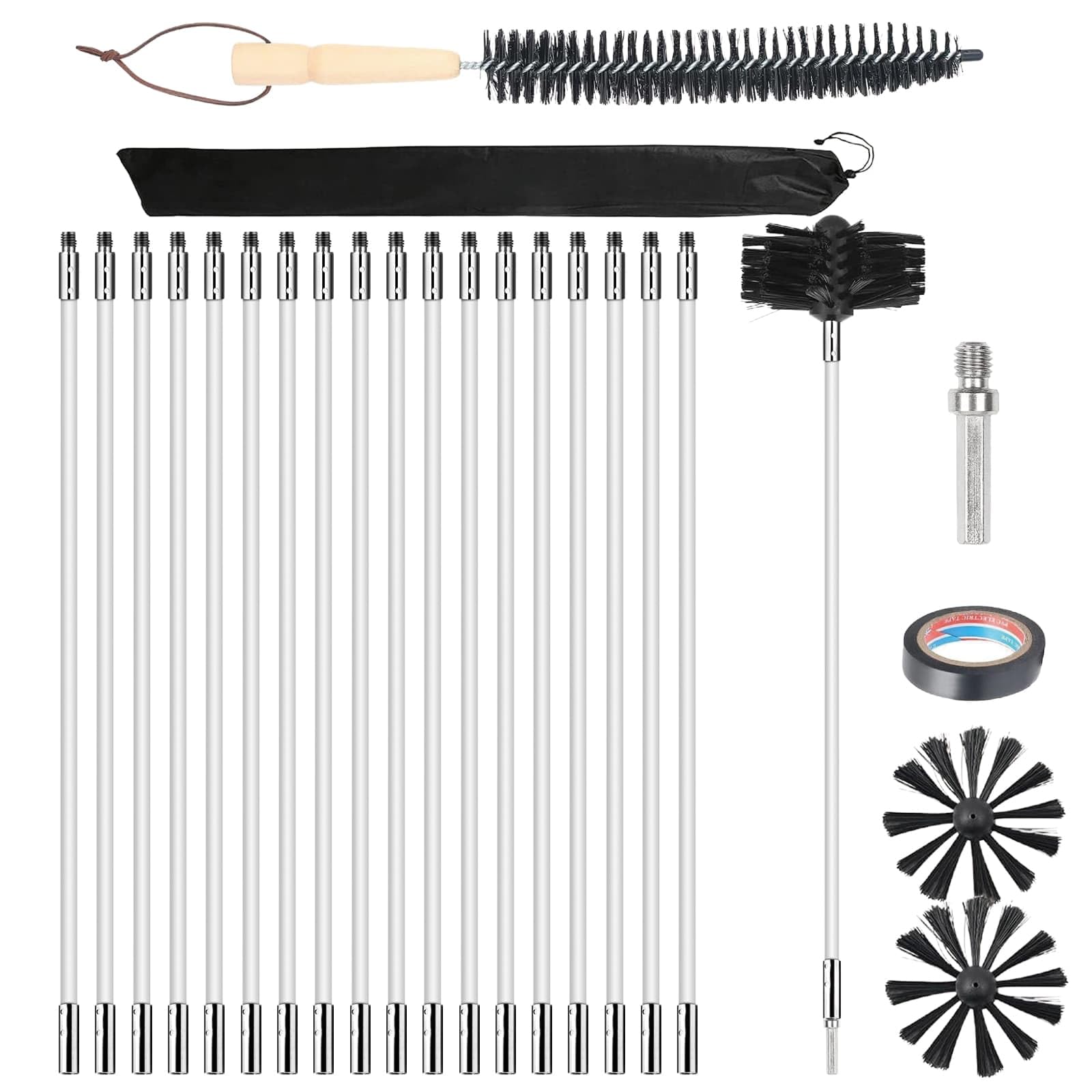 24 Pcs Chimney Cleaning Brush Kit, Duct Vent Cleaning Set with 2Pcs 6" Brush Head+18 Flexible Nylon Rods+Wood Long Brush+Storage Bag, for Fireplace, Dryer Vent, Sewage Pipe, Fume Hood