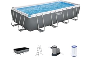 Bestway Power Steel 18' x 9' x 48" Rectangular Metal Frame Above Ground Swimming Pool Set with 1,500 GPH Filter Pump, Ladder, and Pool Cover