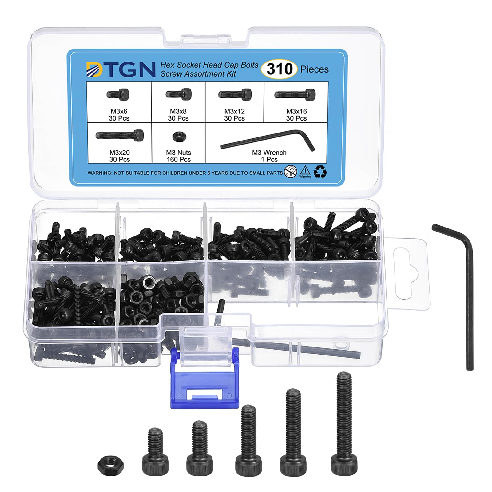 DTGN 310Pcs M3 Metric Screw Assortment, Bolts and Nuts Kit, 12.9 Grade Steel M3x6/8/12/16/20mm Hex Socket Head Cap Screws Bolt Set With Wrench for 3D Printing DIY