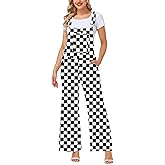 Magrank Womens Checkered Denim Bib Overalls Wide Leg Plaid Jean Pants with Pockets