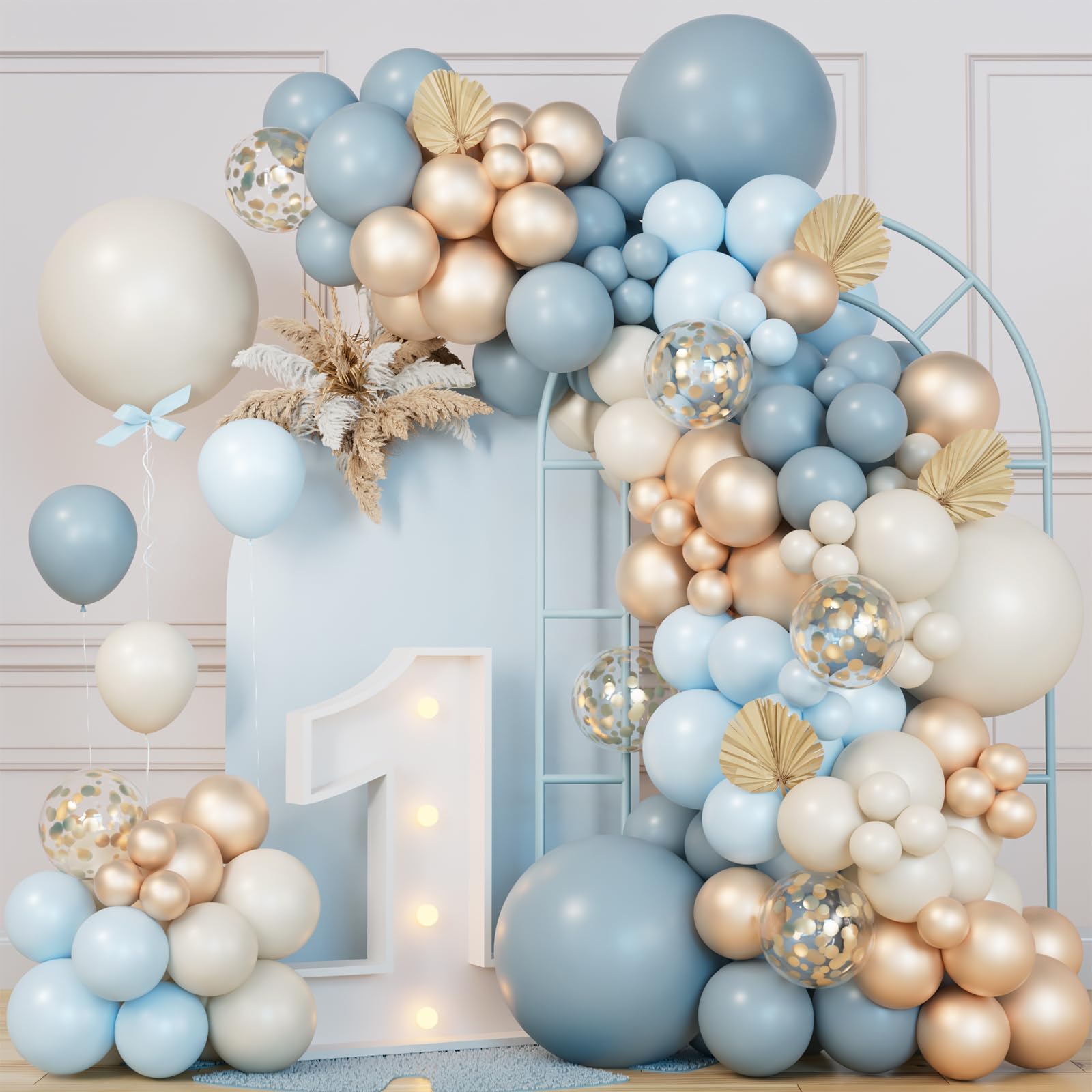 Photo 1 of 151Pcs Dusty Baby Blue Balloon Arch Garland Kit,Slate Fog Baby Blue Sand White Metallic Gold Dusty Balloons for Men Boy Baby Shower Bridal Shower Birthday Party Decorations