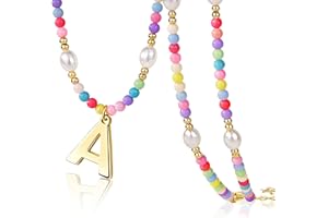 Poxtex Personalized Initial Necklace for Women Teen Girls – Cute Preppy Colorful Rainbow Beaded Pearl Choker with Letter Pendant, Dainty Summer Beach Aesthetic Jewelry Gift for Kids, Teens, Women, Birthday