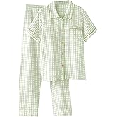 Womens Gingham Pajama Set Cotton Cute Pj Set Color Block Shirts 2 Piece Bridal Sleepwear Plaid Lounge Set