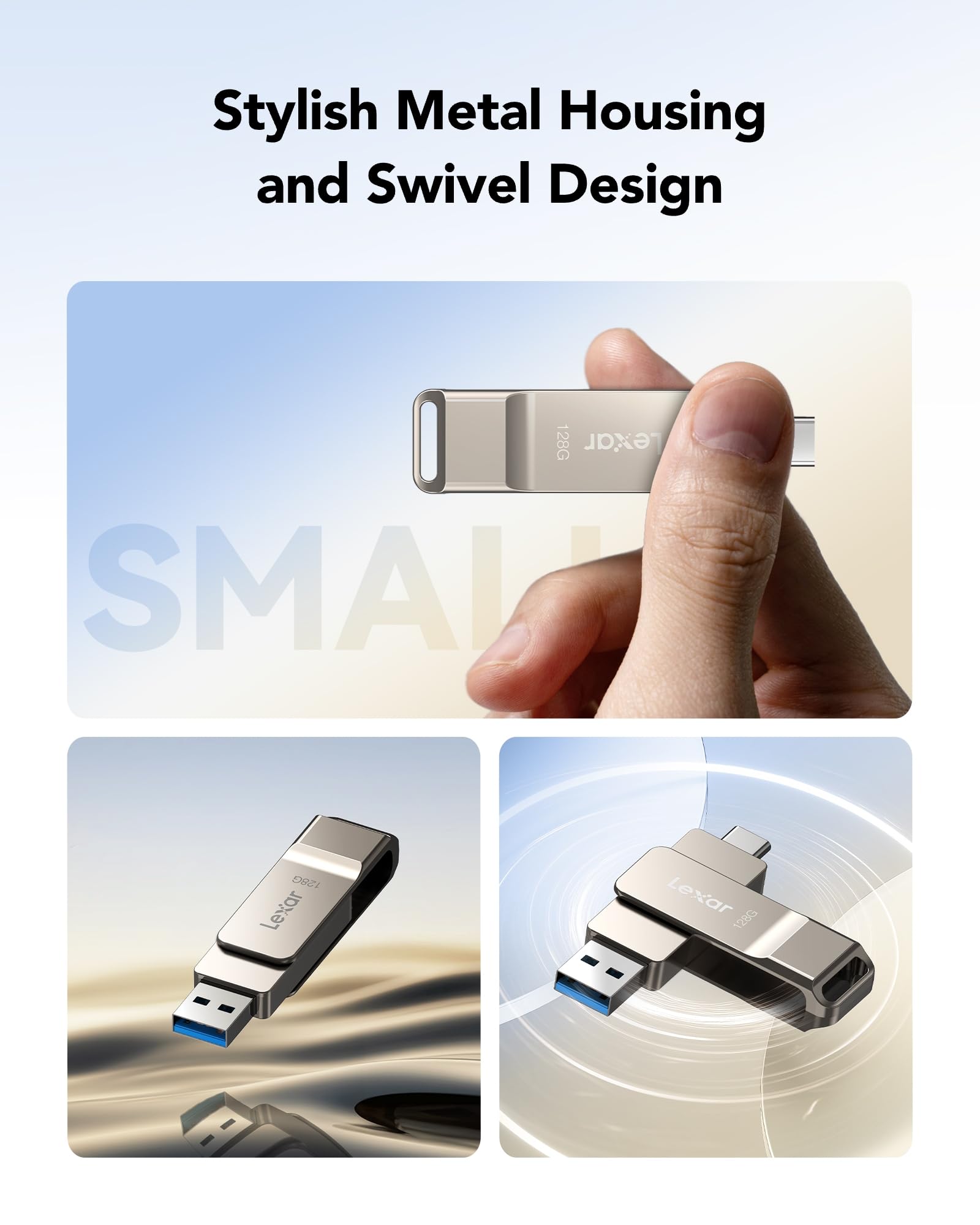Lexar D40E 128GB Dual USB 3.2 Gen 1 Type-C Jump Drive, USB-C Flash Metal Housing Swivel Design Thumb Drive