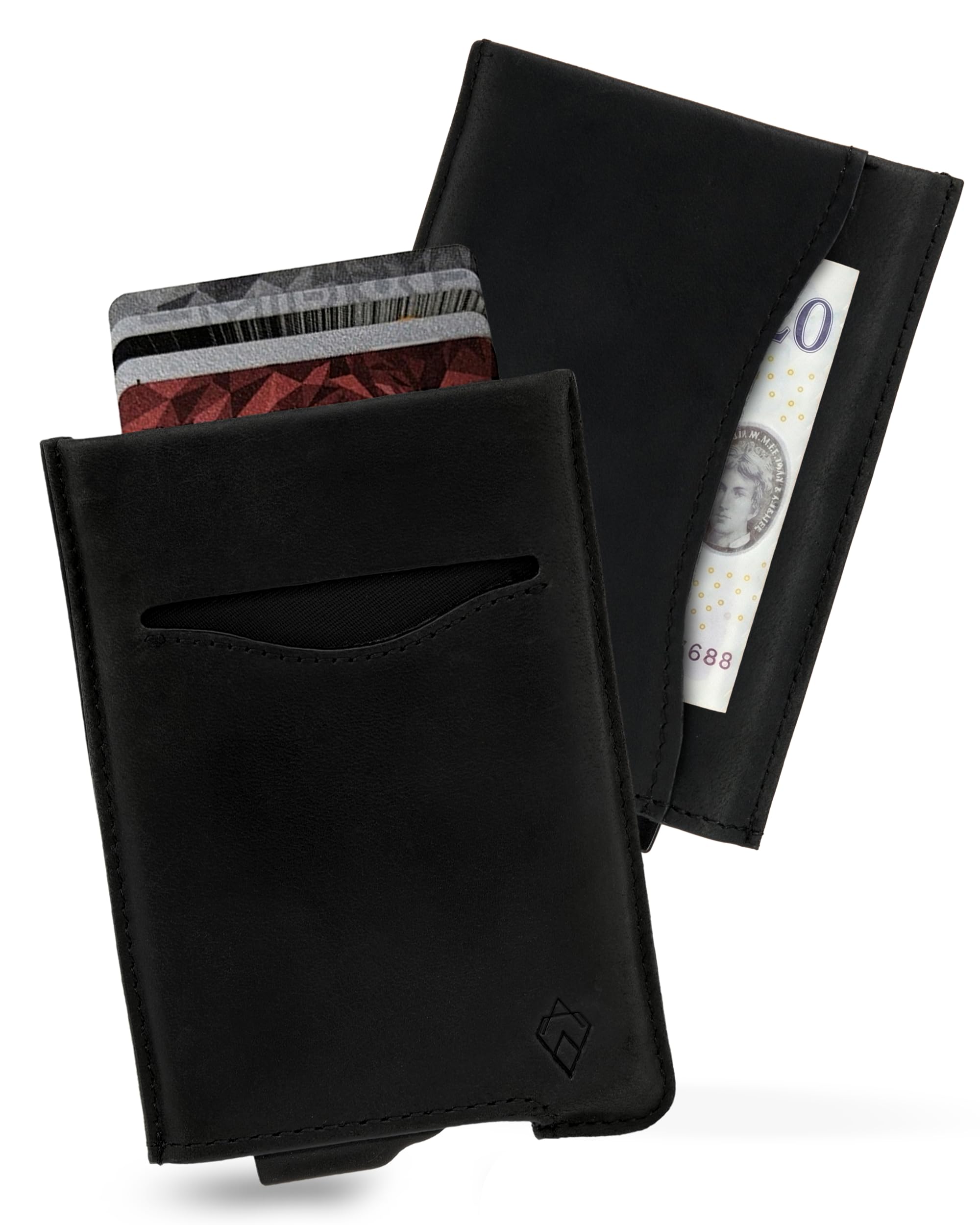 AKIELO RFID Card Holder Wallet with Gift Box – Vegan Leather Card Wallet for Men – RFID Blocking Contactless Credit Card Protector – Minimalist Pop Up Design (Alpha - Black Leather Edition)