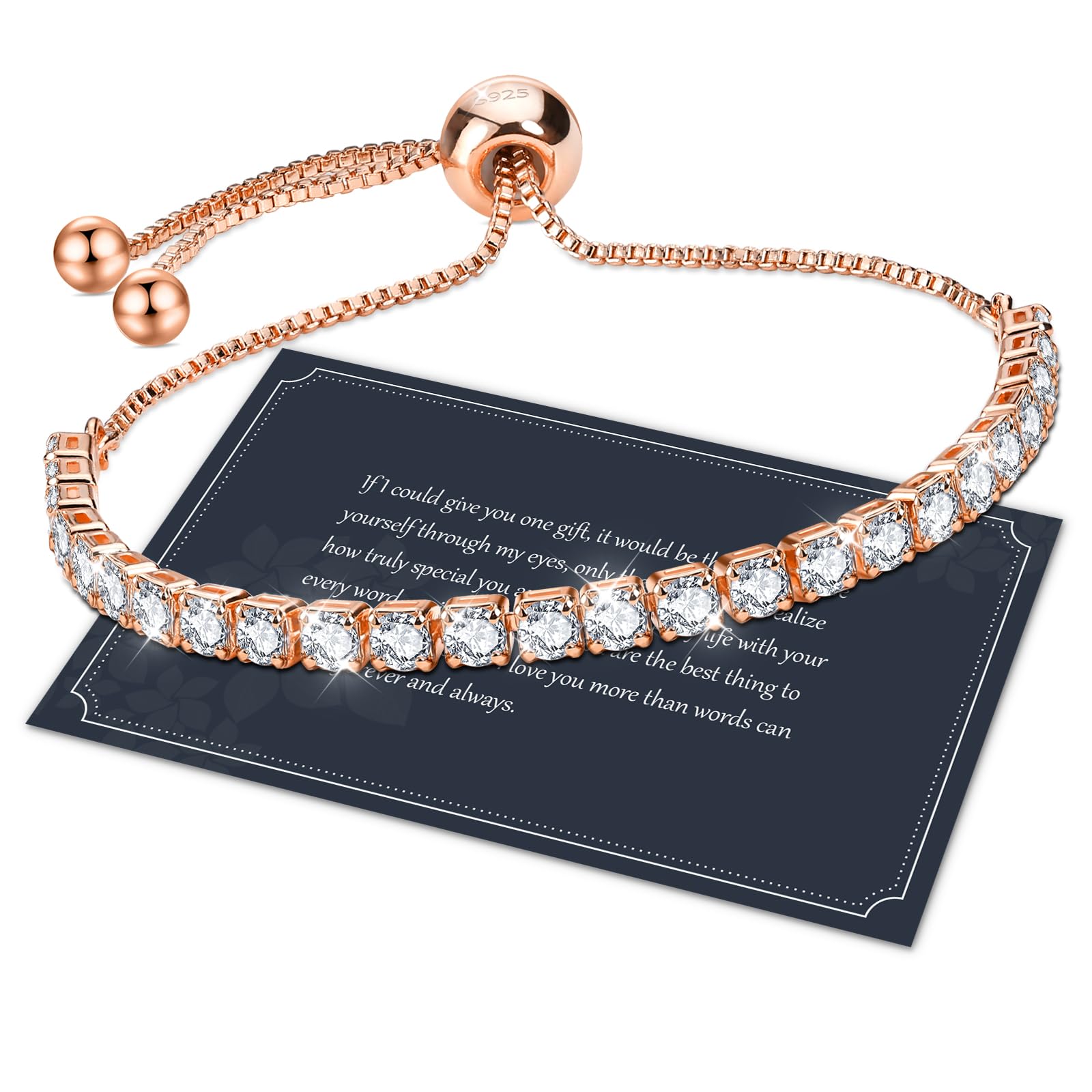 J.Fée Rose Gold Bracelets for Womens Tennis Bracelet with 4MM Cubic Zircon Crystal Bracelet with Box,Adjustable Womens Jewellery,Gifts for Women Mothers Day Gifts For Mum