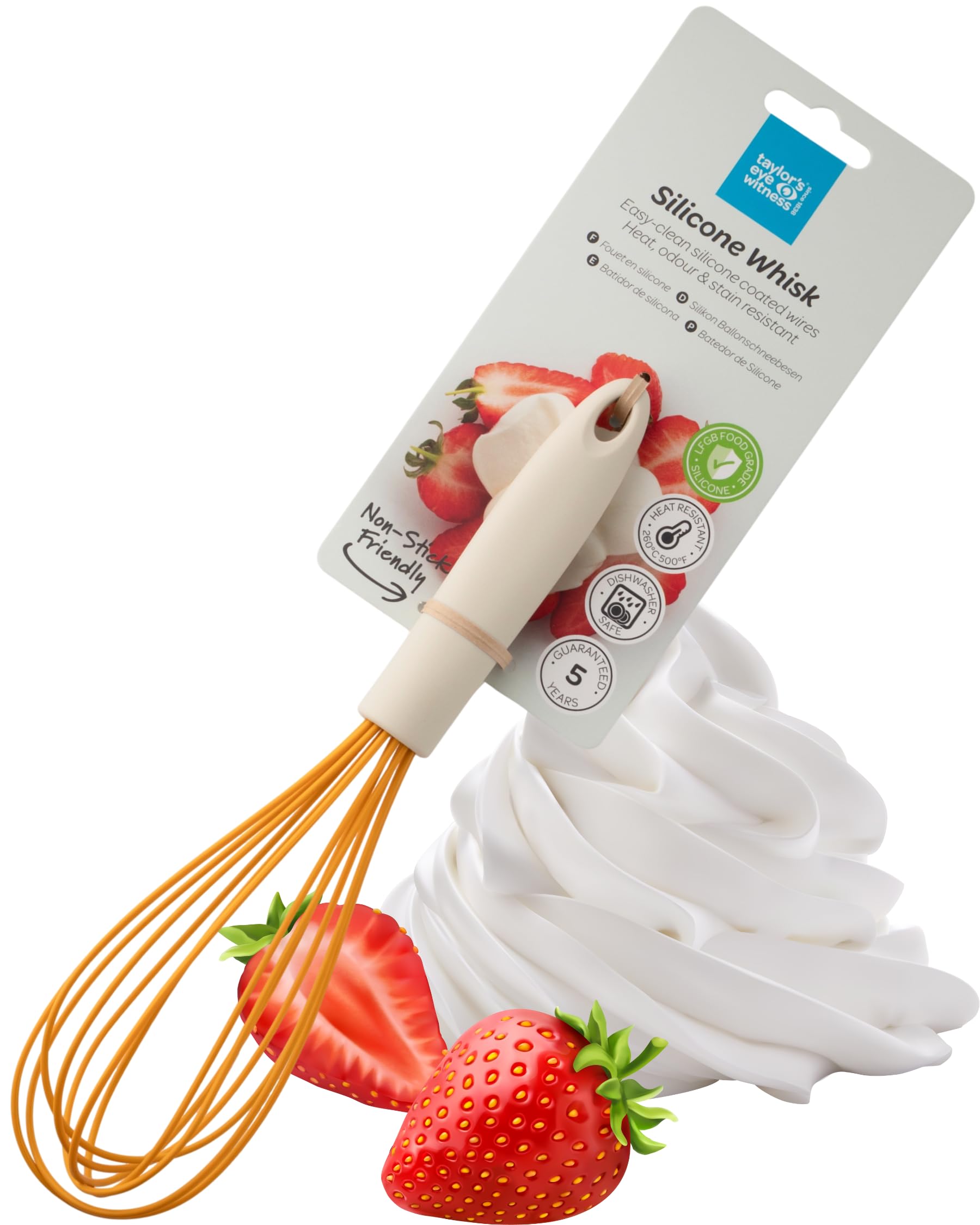 Taylors Eye Witness Large Saffron Silicone Whipping Whisk - Dishwasher Safe. Sturdy Build, Non-Scratch Balloon Head. Easy Clean. Odour, Stain, Heat Resistant(260°C/500°F) 5 Yr Guarantee