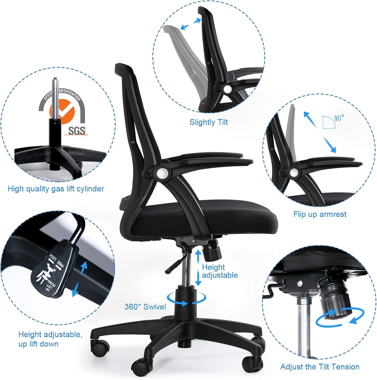 KOLLIEE Mid Back Mesh Office Chair Ergonomic Swivel Black Mesh Computer Chair Flip Up Arms with Lumbar Support Adjustable Height Task Chair: Home & Kitchen