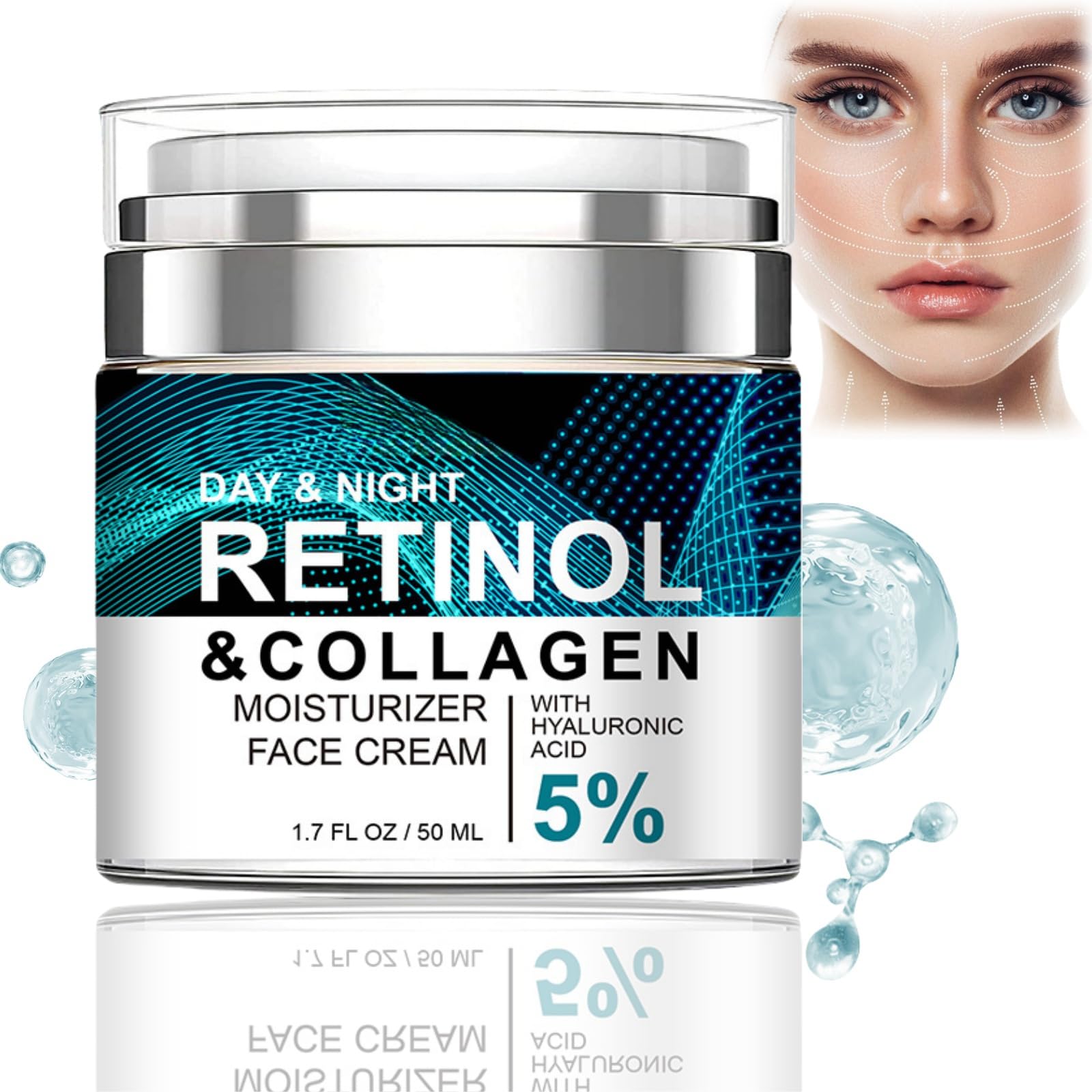 Retinol Collagen Cream with 5% Hyaluronic Acid,Retinol Face Cream with Collagen,Anti Wrinkle Face Cream,Anti Aging Face Cream,Retinol Serum for Face,Night Moisturiser,Day Cream for Women Anti Aging