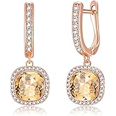 EVEVIC Austrian Crystal Leverback Square Cushion Halo Dangle Huggie Earrings for Women 14K Gold Plated Hypoallergenic Jewelry Gift