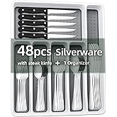 49-Piece Silverware Set with Organizer, CEKEE Stainless Steel Flatware Cutlery Set Service for 8, Mirror Polished Kitchen Utensils Set with Steak Knives Included Spoons and Forks Set & Tray