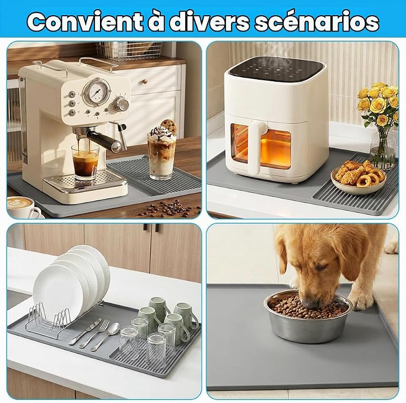 Tapis de Machine à Café 2 en 1, 60x40 cm Tapis pour Machine à Café Tapis Égouttoir Vaisselle, Tapis de Séchage Rapide Cafetiere, Plateau Antidérapant Cafetiere en Silicone pour Cuisine Bar Gris — photo 7 sur 8