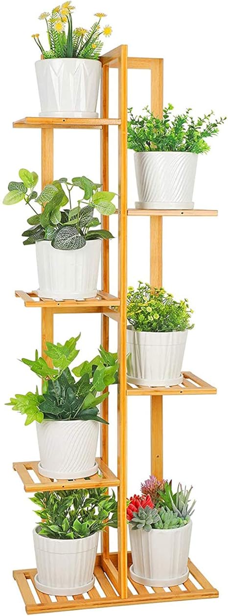 Amazon Co Jp 植物スタンド竹屋内屋外複数植木鉢ホルダー棚ラックパティオガーデンコーナーバルコニーリビングルーム6ティア7鉢植え イエロー ホーム キッチン