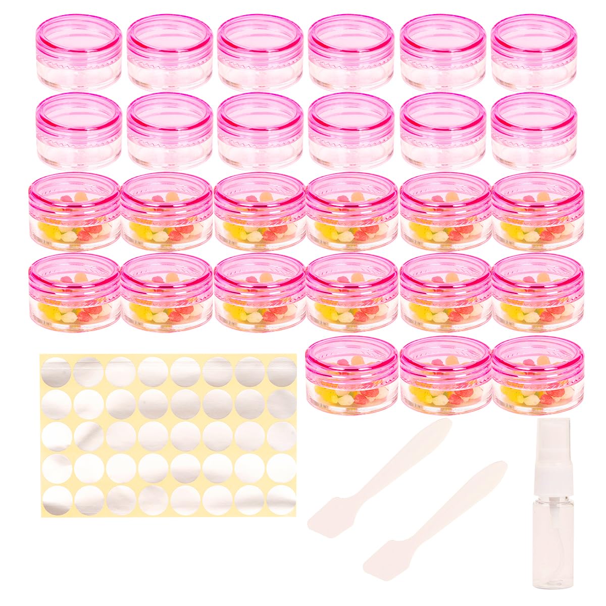 27 Pcs sample pots,5ml with lids cosmetic pot, mini cream empty containers,pink small with makeup lip balm jars,for travel face cream, samples, cosmetics empty pot