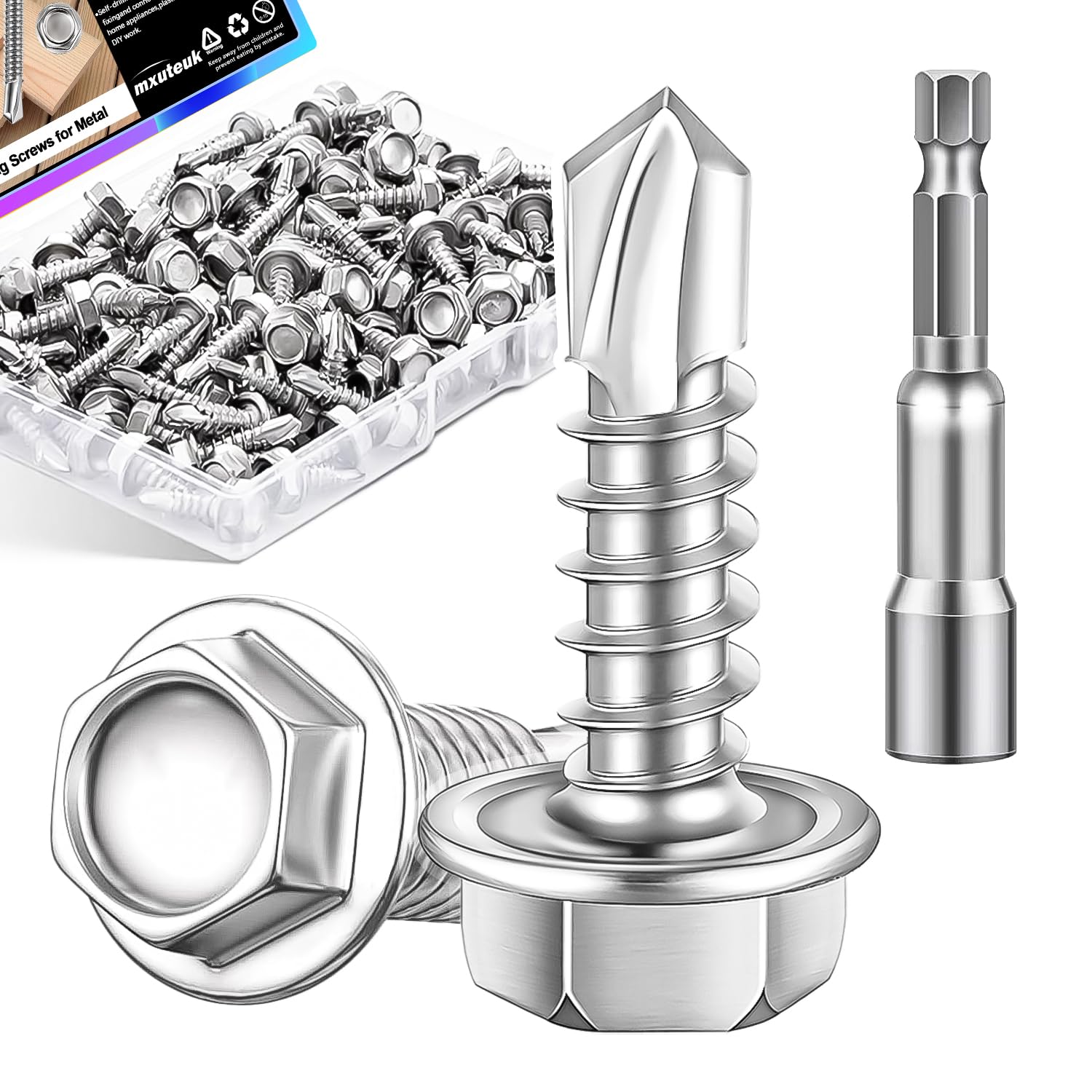 Photo 1 of mxuteuk #8×1/2" Self Tapping Screws,410 Stainless Steel Self Tapping Screws for Metal,Self Drilling Screws,Hex Washer Head Sheet Metal Screws Suitable for Wood, Metal or Tough Materials (230PCS)