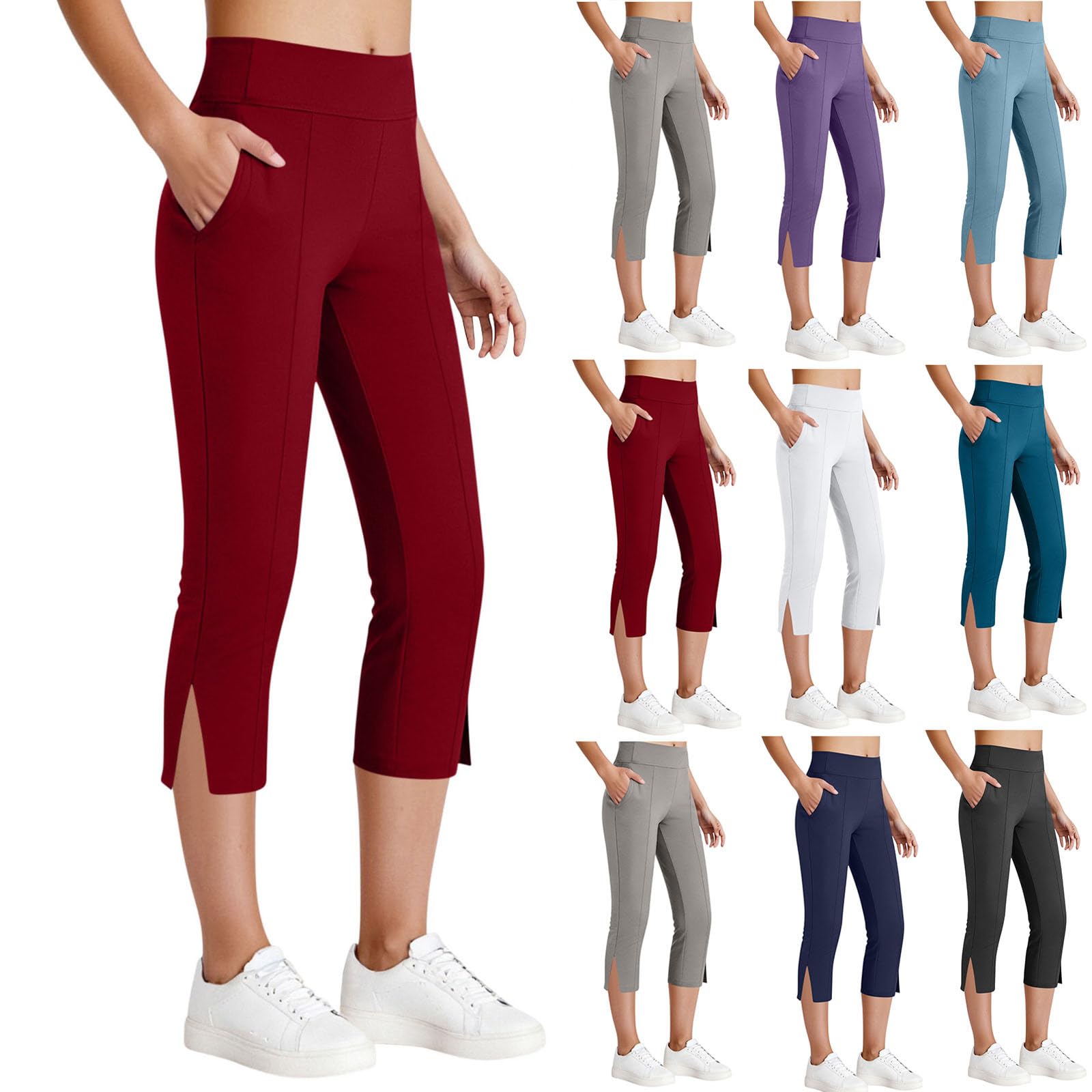 Ladies Cropped Trousers Yoga Pants for Women UK Petite Comfy Summer Three Quarter Length Trousers Stretchy Waist Straight Leg Lounge Yoga Beach Capris Pants with Pockets Cropped Trousers for Workout