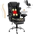 HOMREST 6-Point Massage Office Chair,Heating Executive Chairs,Ergonomic Home Office Desk Chairs with Retractable Footrest and Reclining Function,Leather Computer Chair with Adjustable Armrest(Black)