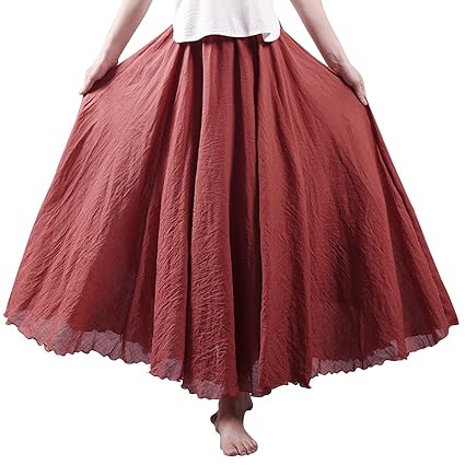 FEOYA Damen Maxirock Baumwolle Leinen Rock Elastische Taille Rock Plissee Retro Langrock Unifarben Faltenrock Sommerrock Stra