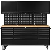 CHETTO C 72 inch Tool Chest Tool Box Mobile 15 Drawers Storage 3 Upper Cabinets SS-Pegboard Rolling Cabinet with Wheels Lock Key Locking System Drawer Liners for Garage Warehouse Repair Shop Black