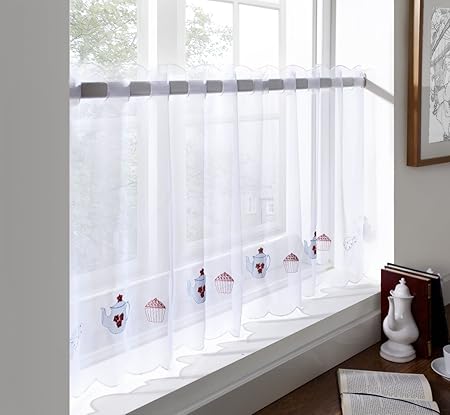 Cafe Voile Curtain Panel Embroidered Kitchen Net Curtains Tea