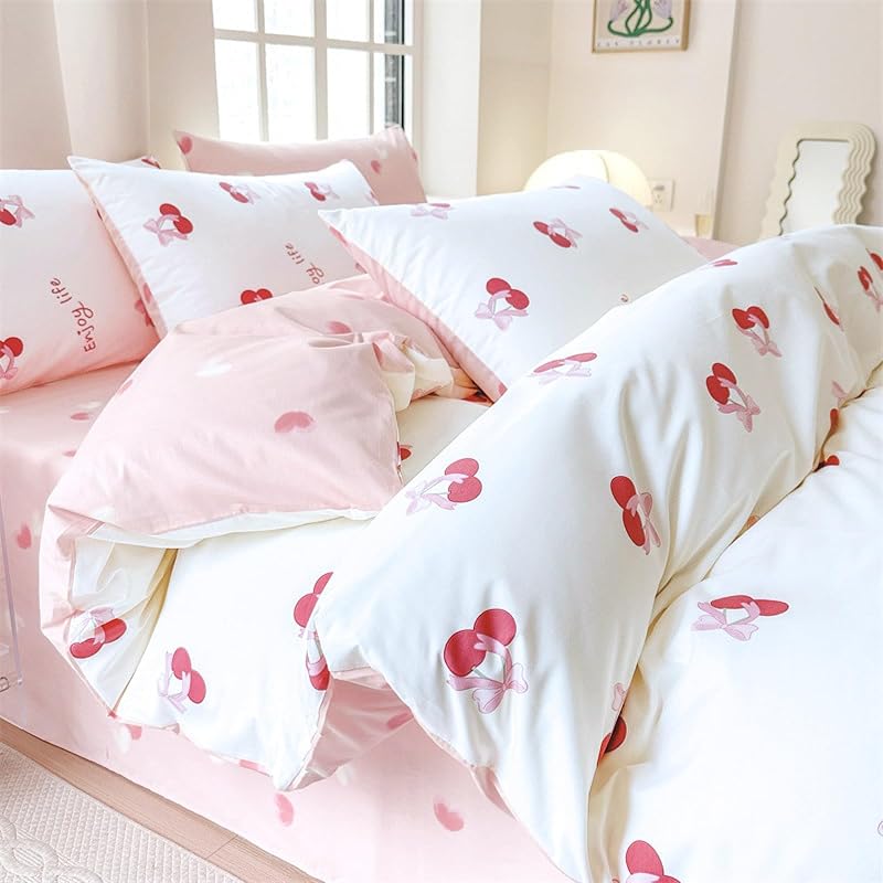 Housse de Couette 140x200 Coeurs Cerises Blanc Rose Parure de lit — photo 4 sur 7