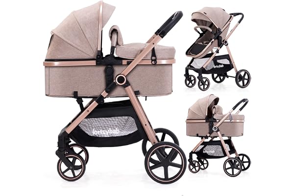 Lortsybab 2-in-1 Baby Stroller - Folding Infant Newborn Pram Stroller with Reversible Seat - Toddler Strollers for 0-36 Months Old Babies (Beige)