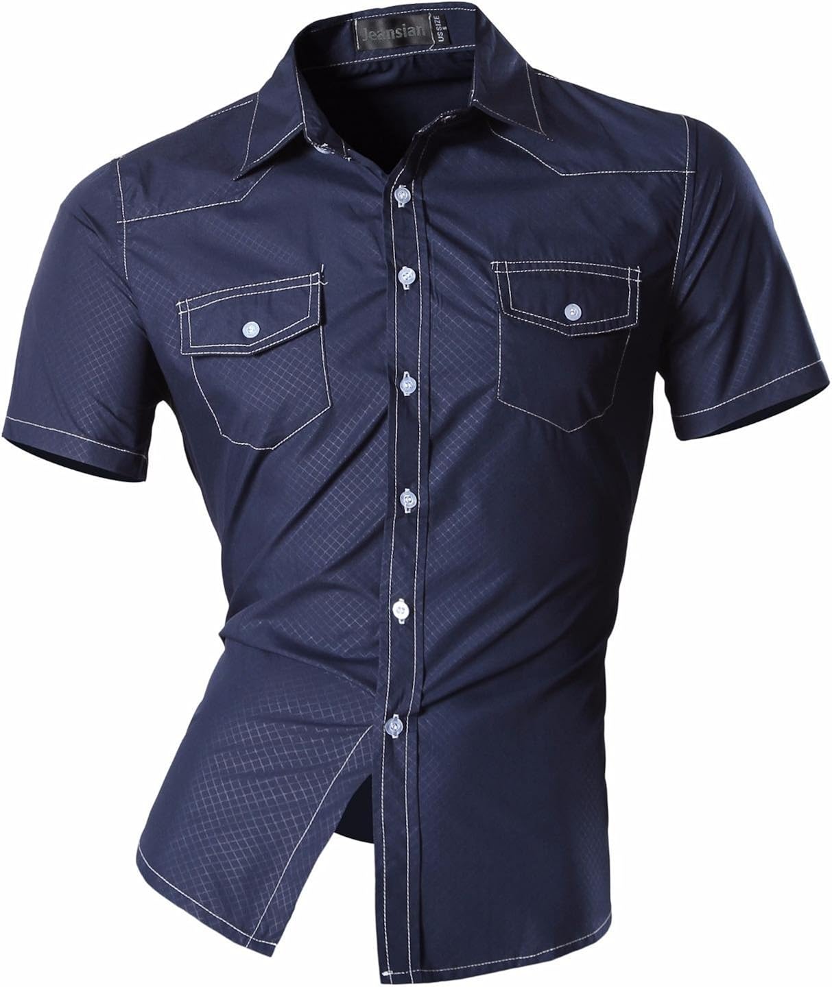 jeansian Men's Slim Fit Short Sleeves Dress Shirts Z028 Navy XXL at