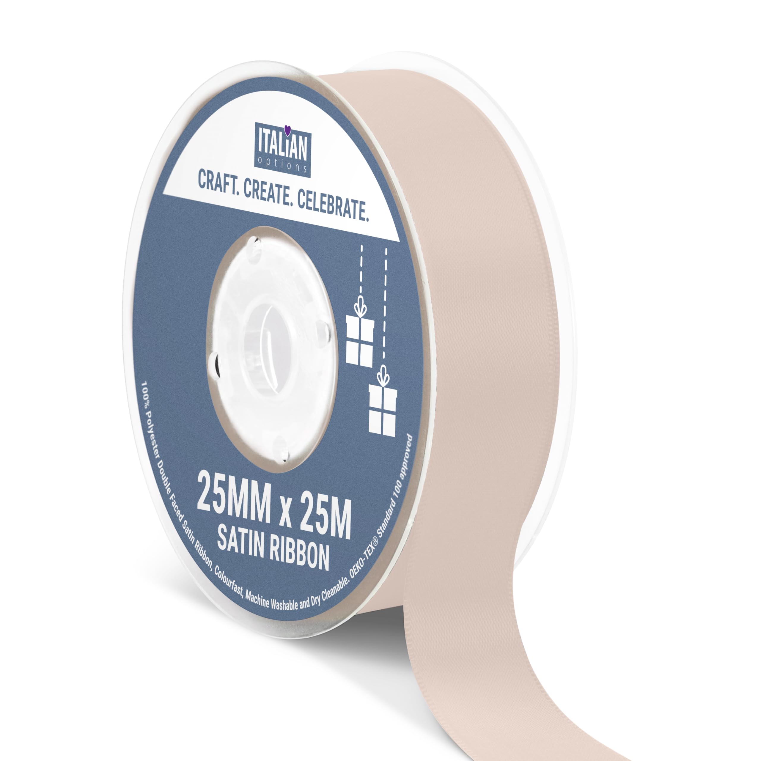 Italian Options Satin Ribbon, Fabric Ribbons for Gift Wrapping, Crafting, Balloons, Wedding Car, Presents, Cake, Christmas, Birthday, Gift Wrap Accessories, 25mm Wide x 25 Metre Roll, Taupe