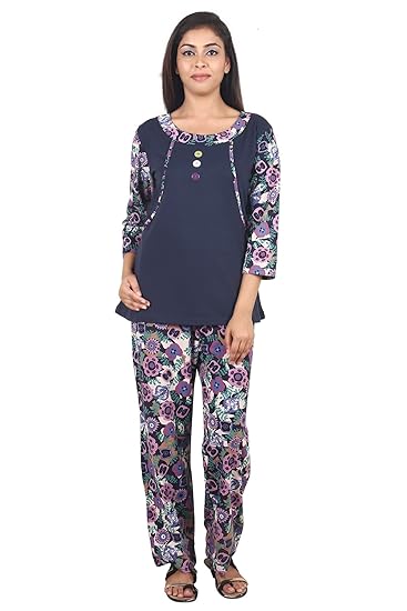 Women's Cotton Knit Nursing Nightsuit Set (Navy)