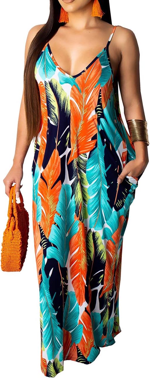SheKissWomens Plus-Size Summer Bohemian Beach Sundress Spaghetti Strap Loose Long Maxi Dresses with Pockets