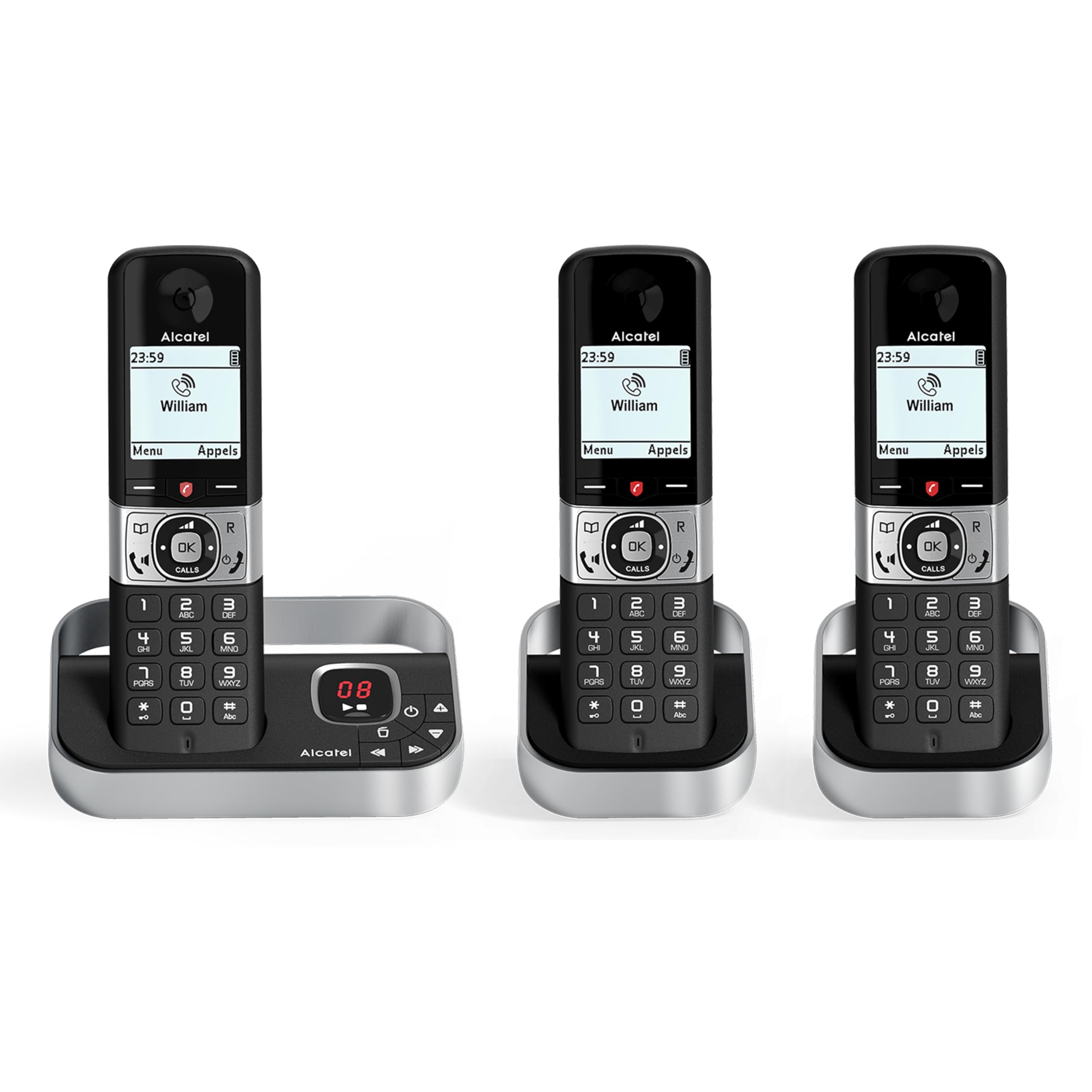 ALCATEL F890 Voice Trio - Cordless Phone DECT With Answering Machine - High Resolution Graphical Display - Handsfree - Call Barring - VIP Ringtone - 50 Min Answering Machine - 3 Handsets - Black/Grey