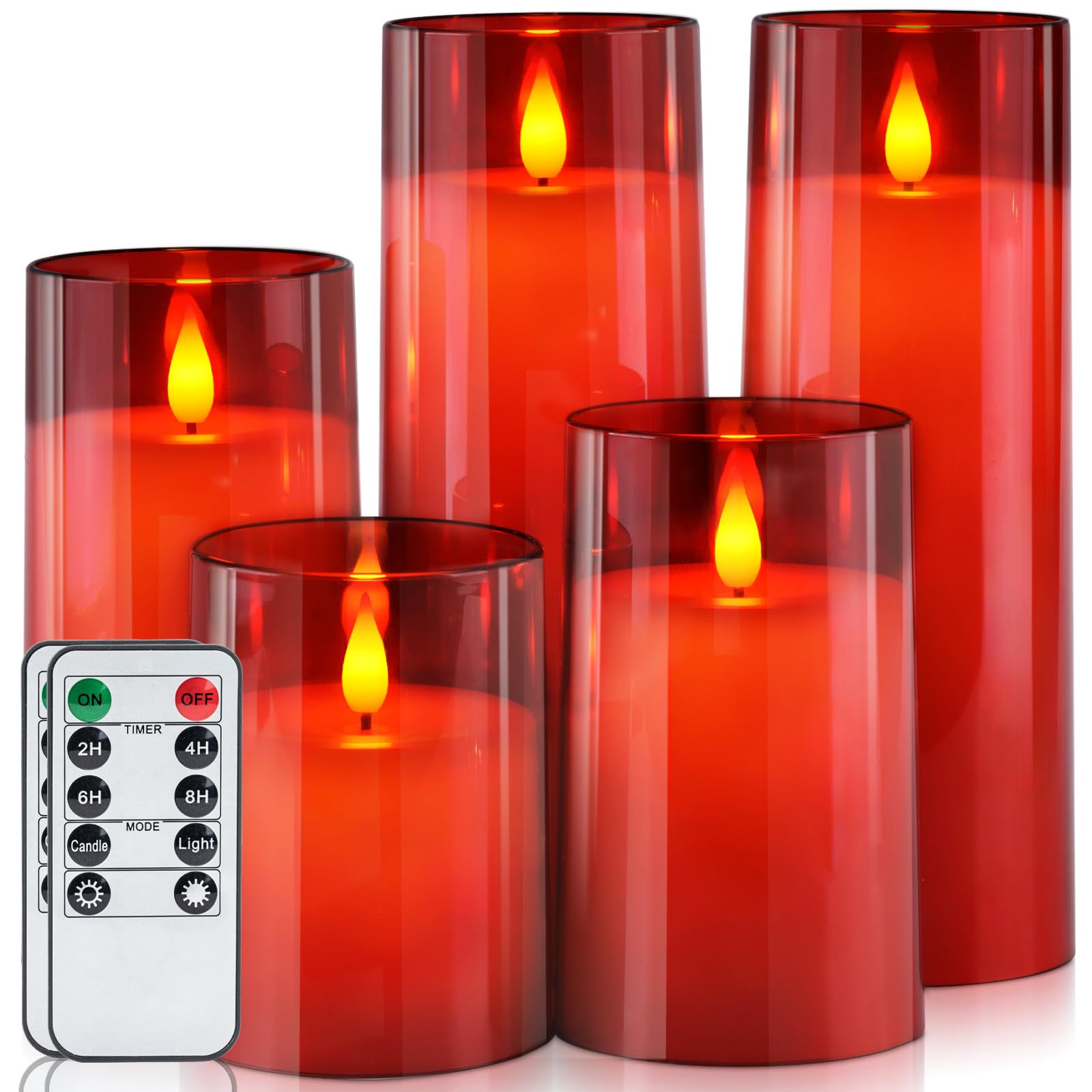 Photo 1 of ***MISSING PARTS*** ***MISSING REMOTE*** Homemory Christmas Red Flickering Flameless Candles, Battery Operated Acrylic LED Pillar Candles with Remote Control and Timer, Set of 5