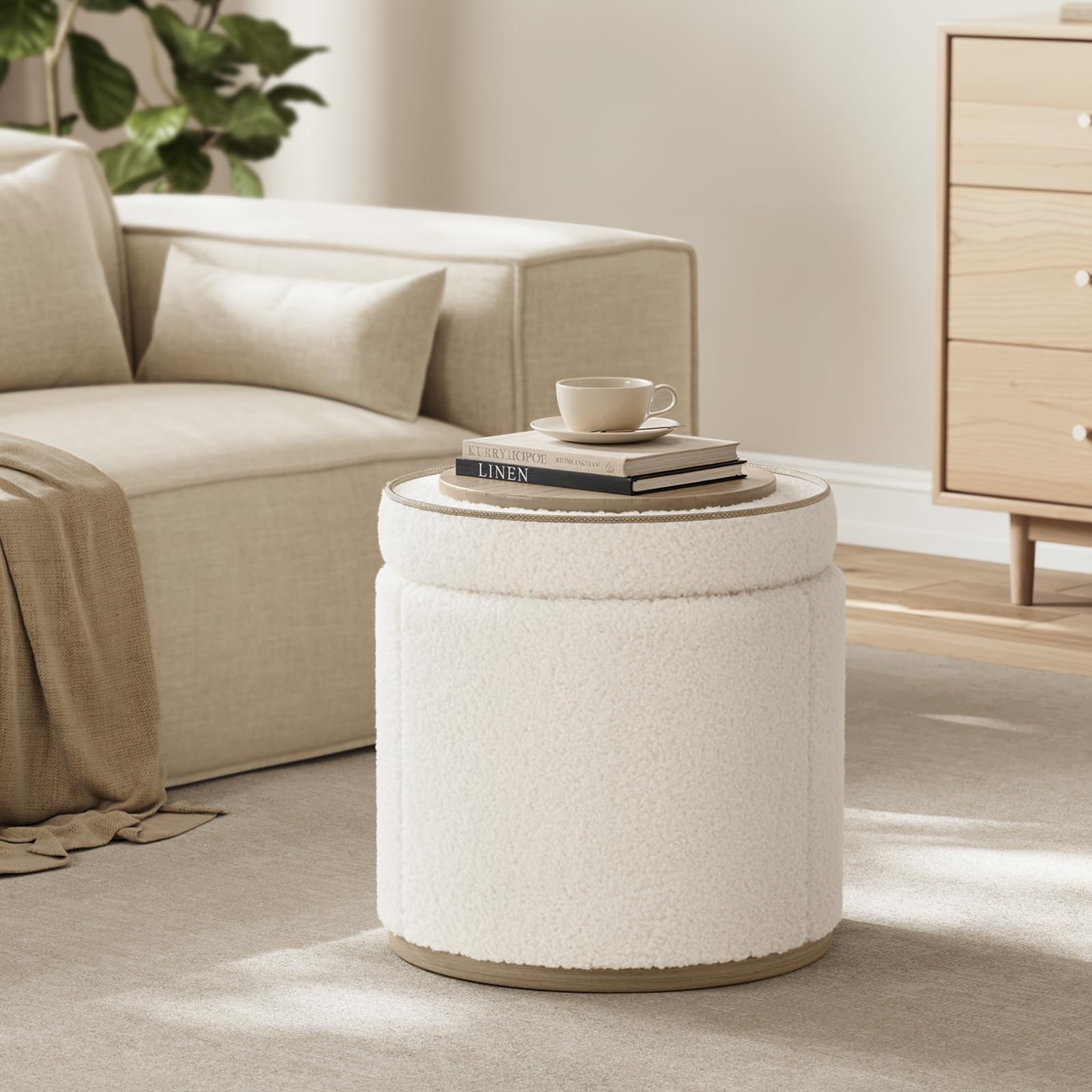 ONBRILL Round Ottoman with Storage, Ottoman Foot Rest, Boucle Small Ottoman, Foot Stool, Vanity Stool, Upholstered Sherpa Ottoman Support 250 lbs for Living Room, Bedroom, White - Image 4