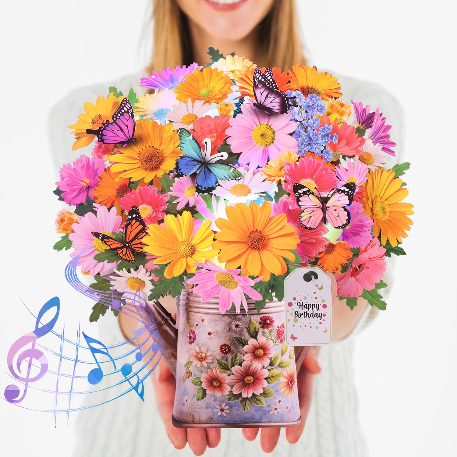 Photo 1 of Pop Up Birthday Card with Music and Lights – CUISH 3D Paper Flower Bouquet with Butterflies –Birthday Decorations Greeting Card for Women, Mom, Wife, Daughter – Gift with Envelope-Chamomile