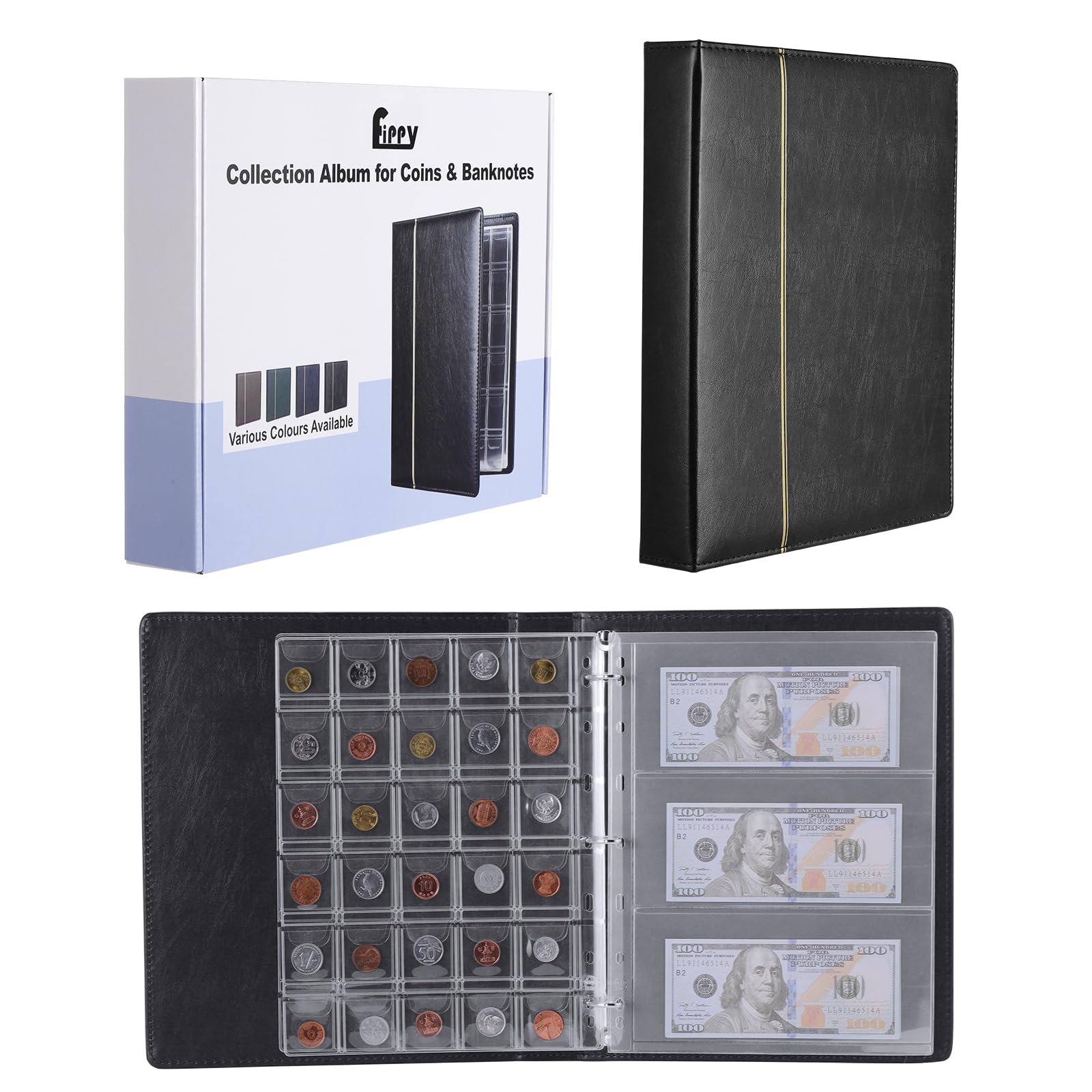Fippy 150 Pockets Coin Collection Album, Leather Coin Collecting Storage Book, Coin Collection Holder Album for Collecting Coin Paper Money Stamp (Black)