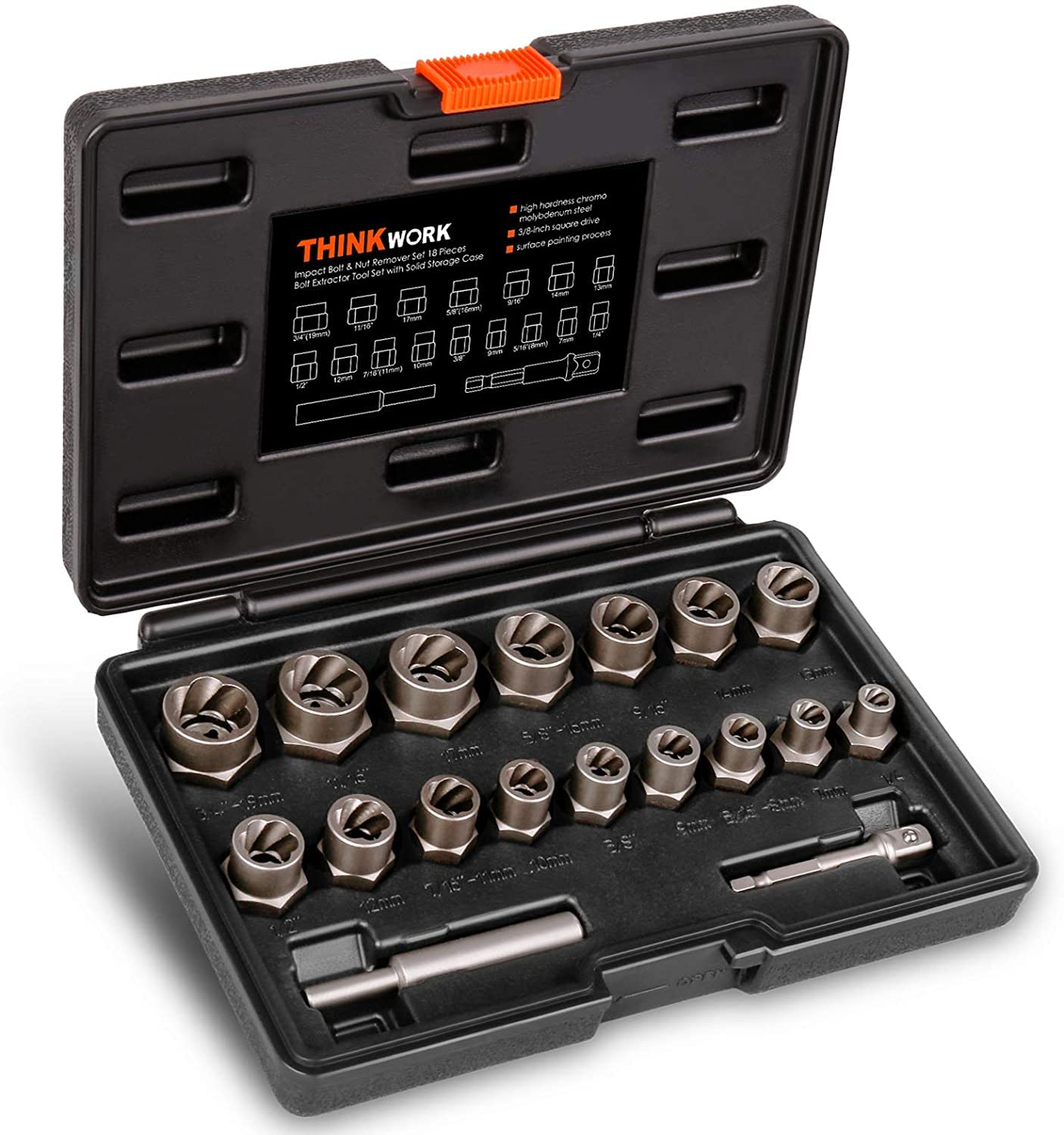 THINKWORK Bolt Extractor Set, 18 Pieces Impact Bolt & Nut Remover Set, Stripped Lug Nut Remover, Extraction Socket Set for Removing Damaged, Frozen, Rusted, Rounded-Off Bolts, Nuts & Screws