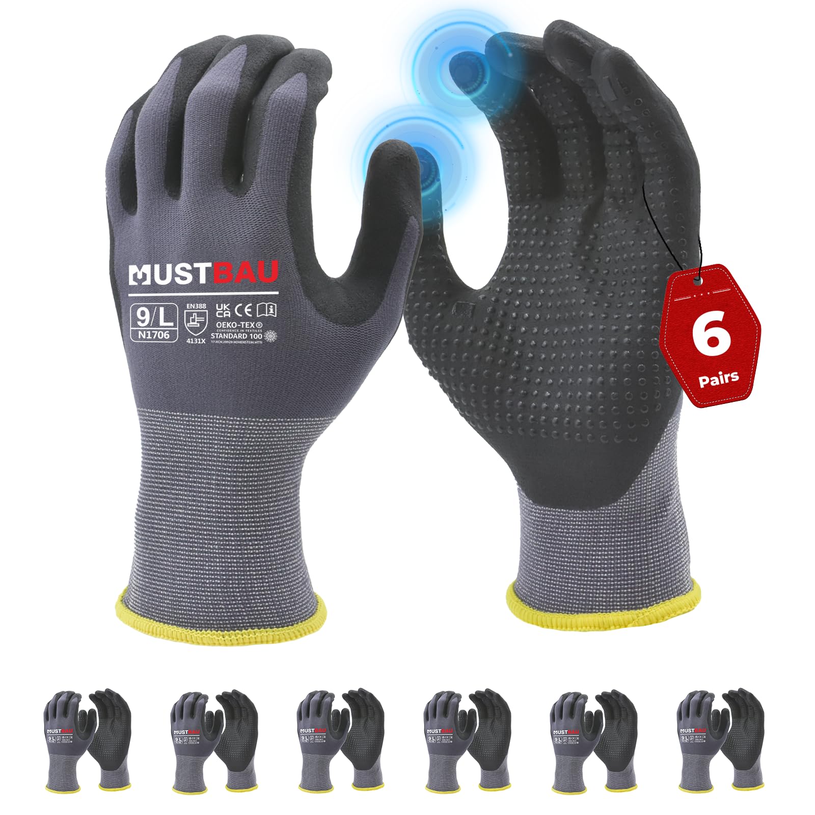 Mustbau 6 Pairs Safety Work Gloves Breathable Nitrile Coated Gloves,Knit Nylon Protective Gloves,Abrasion,Dexterity, Touch Screen, for Most Kinds of Jobs-L